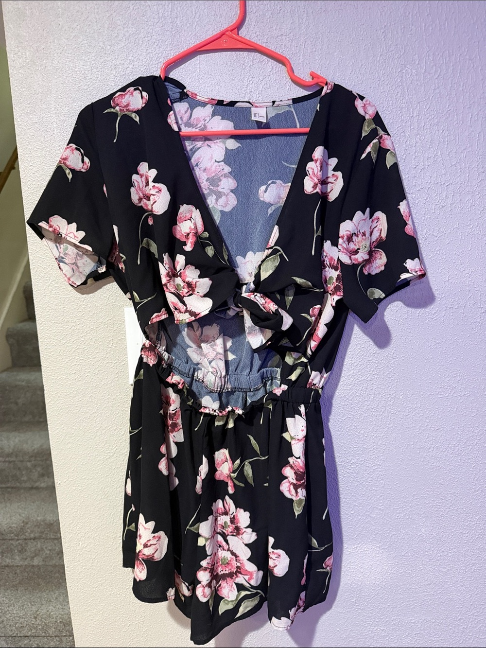 Black Floral Tie-Front Short Dress - Pink Blossom